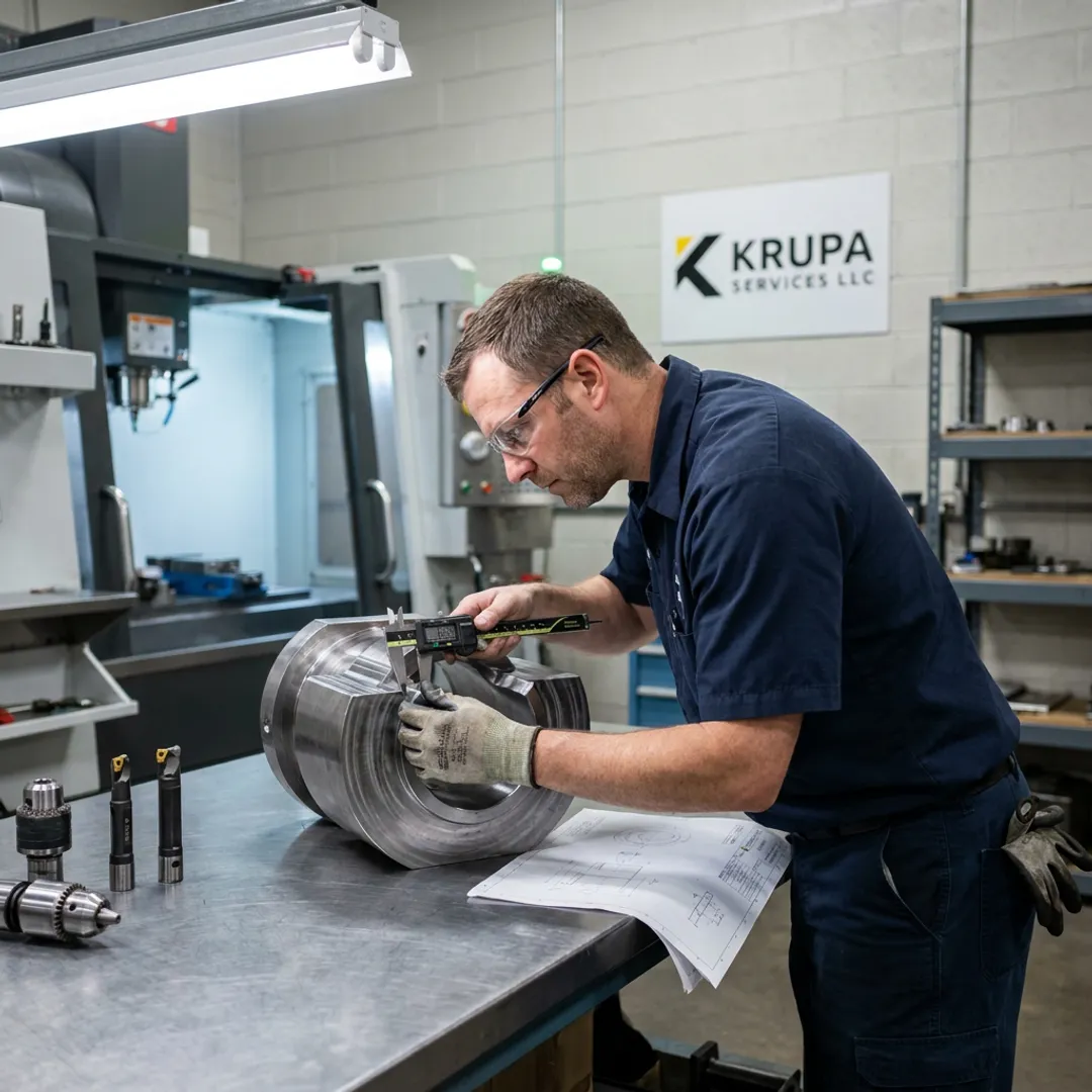 Engineer inspecting machined component