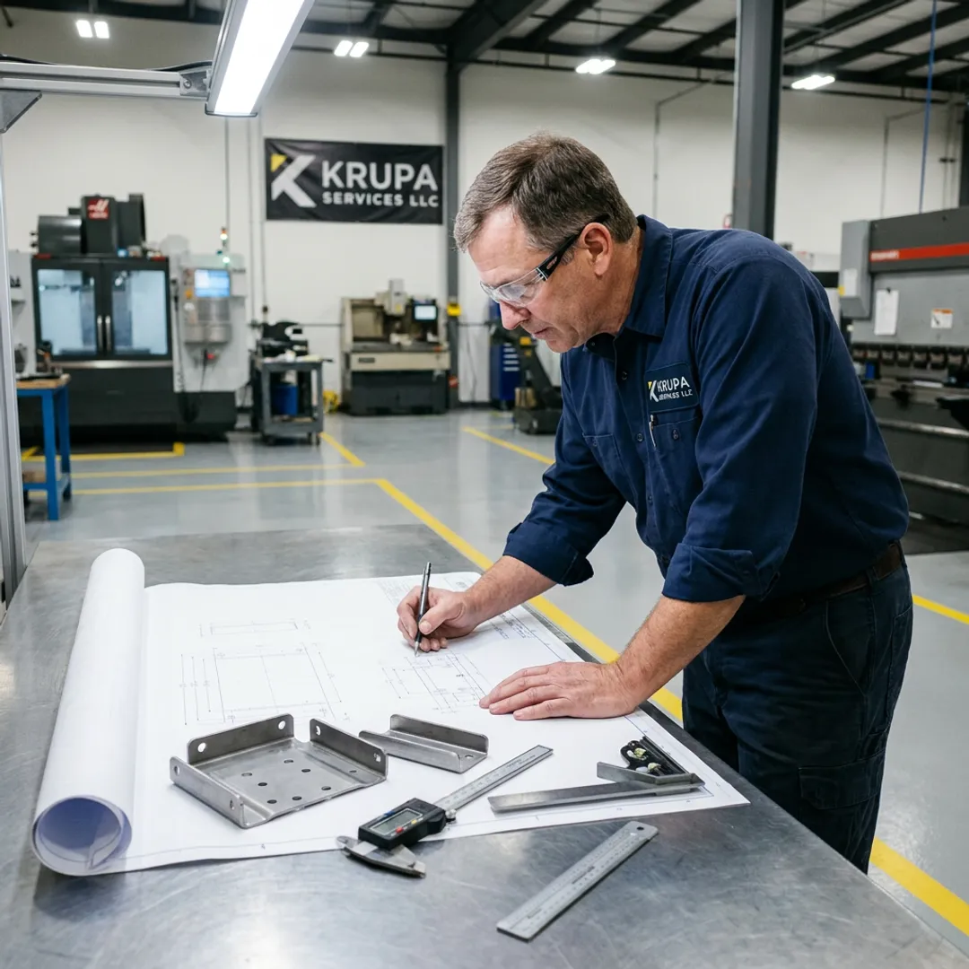 Engineer reviewing stamped agricultural part drawings