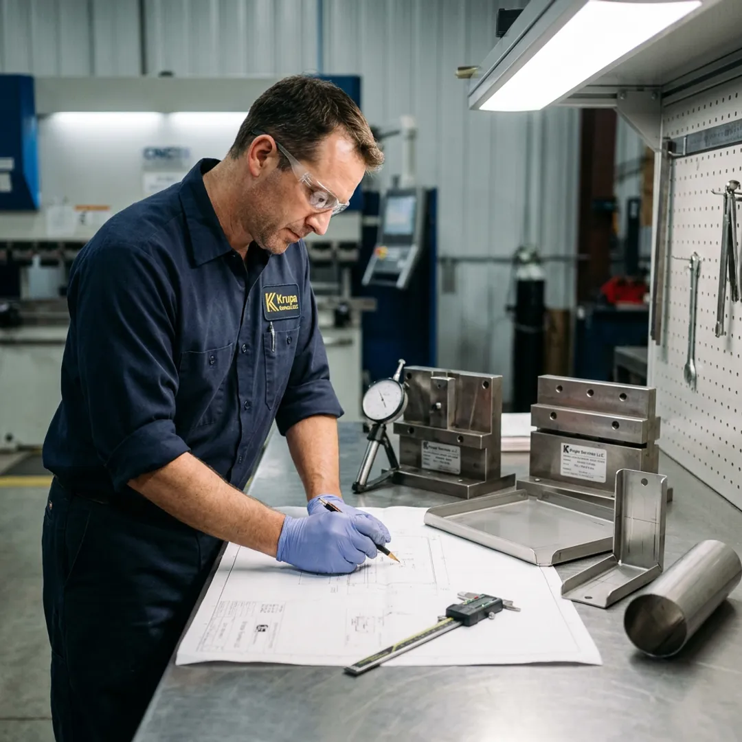Engineer reviewing stainless steel fabrication drawings
