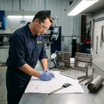 Engineer reviewing stainless steel fabrication drawings