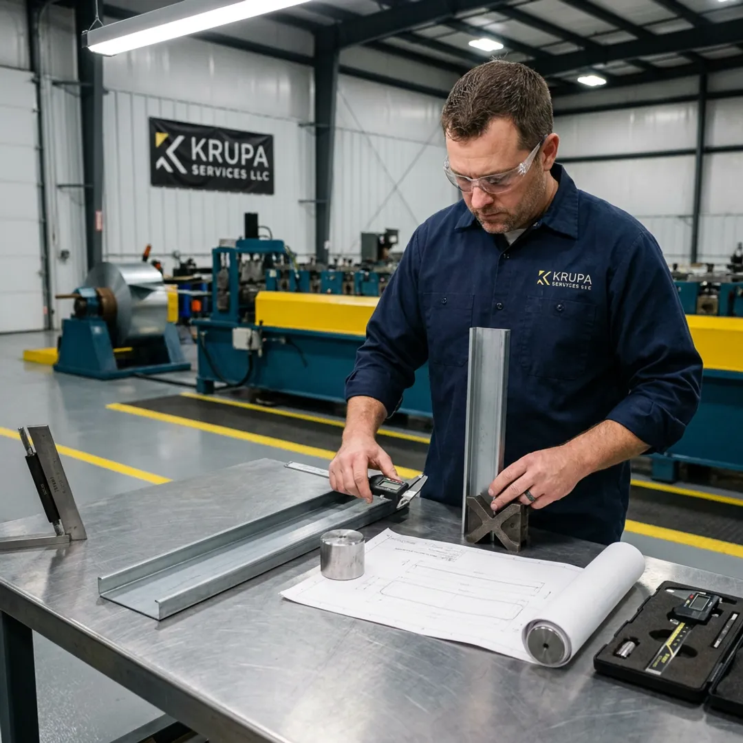 Engineer inspecting roll formed automotive parts