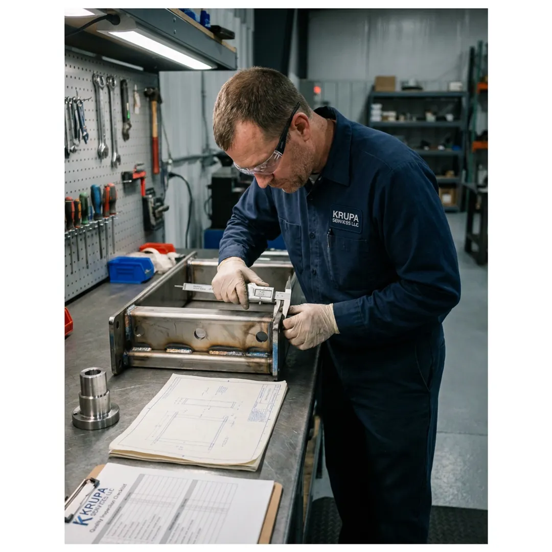 Technician inspecting a custom fabricated steel assembly