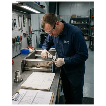 Technician inspecting a custom fabricated steel assembly