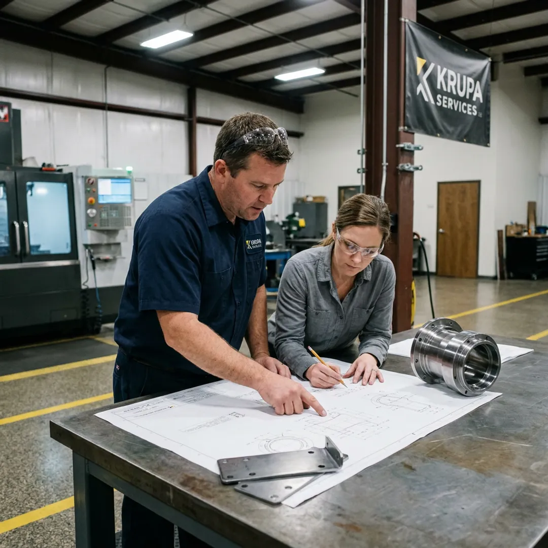 Manufacturing team reviewing custom metal part drawings