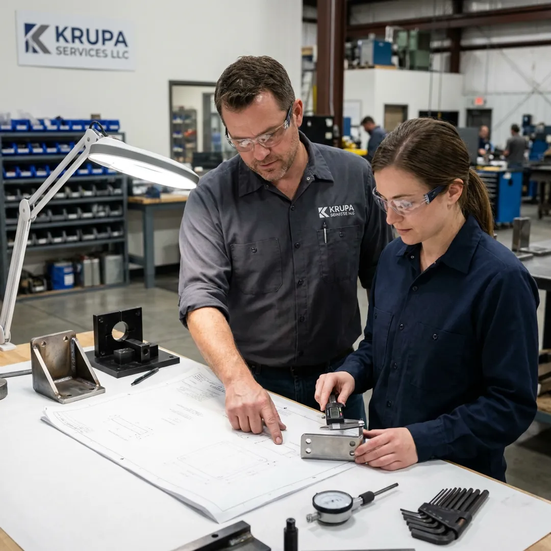 Fabrication team reviewing agriculture part drawings