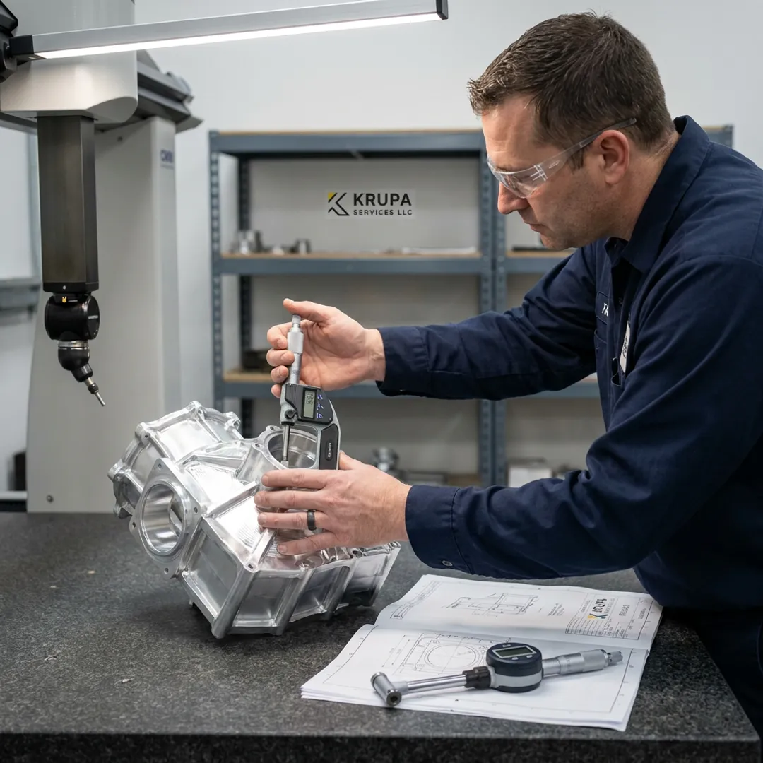 Engineer inspecting CNC machined aerospace component