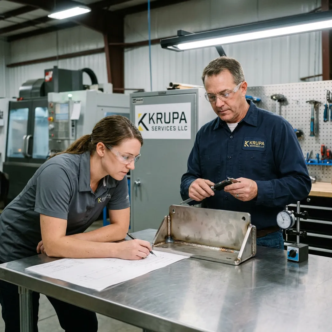 Fabrication team reviewing stainless steel parts
