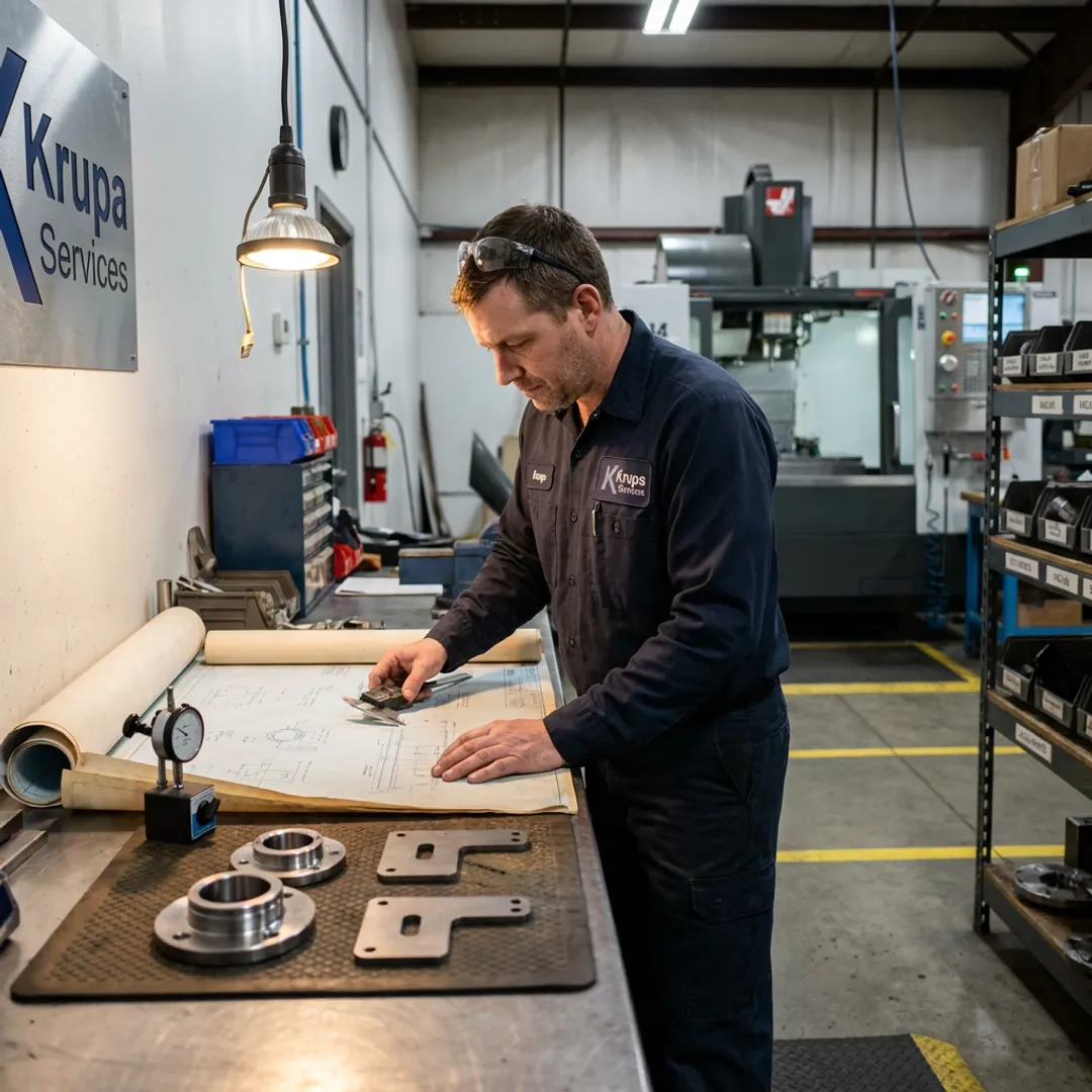 Engineer reviewing custom metal fabrication drawings
