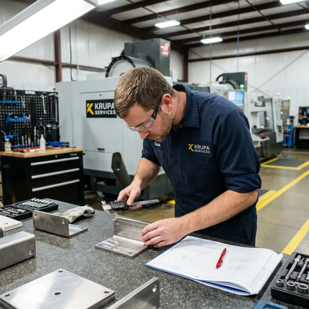 Technician inspecting fabricated stainless steel parts