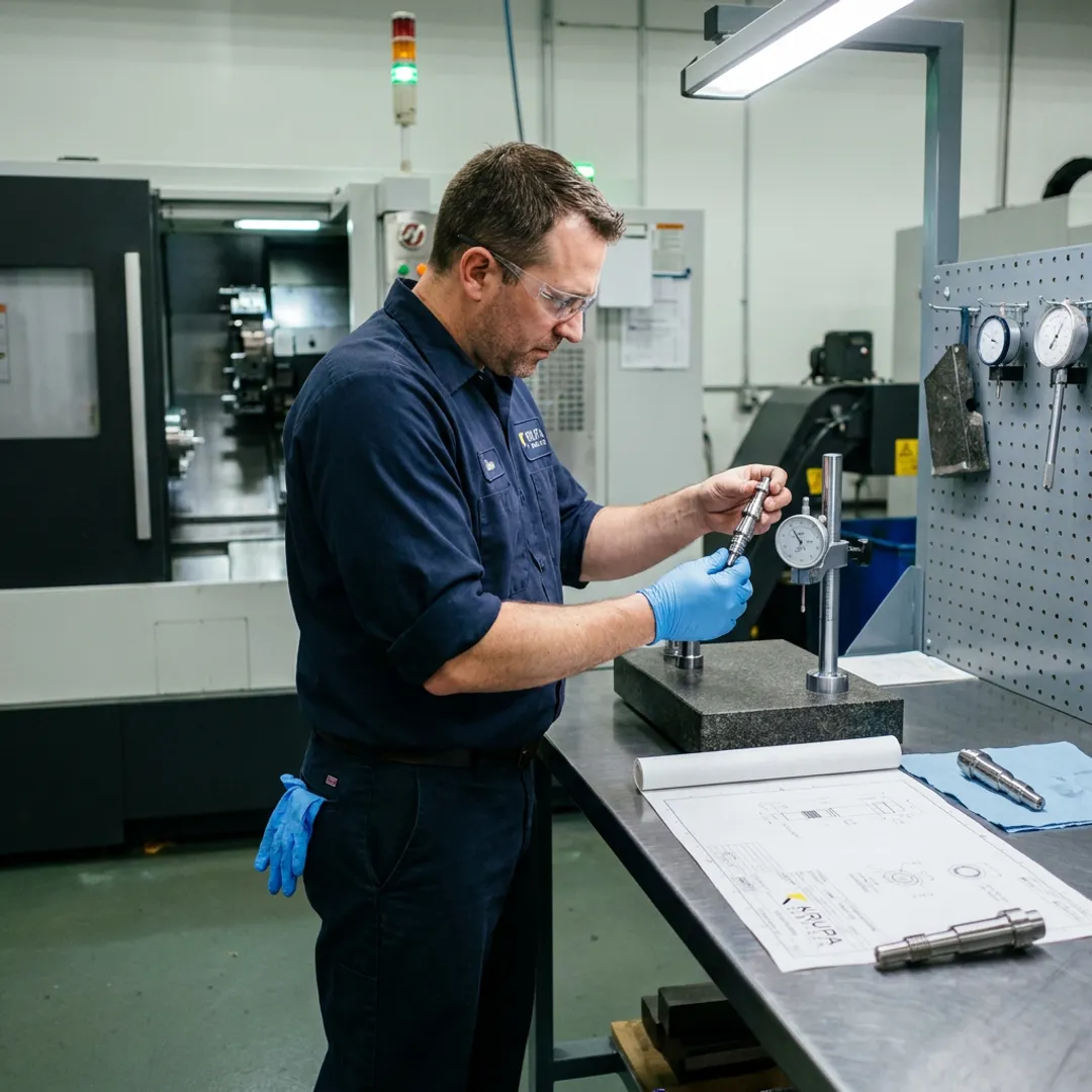 Technician inspecting machined automotive components