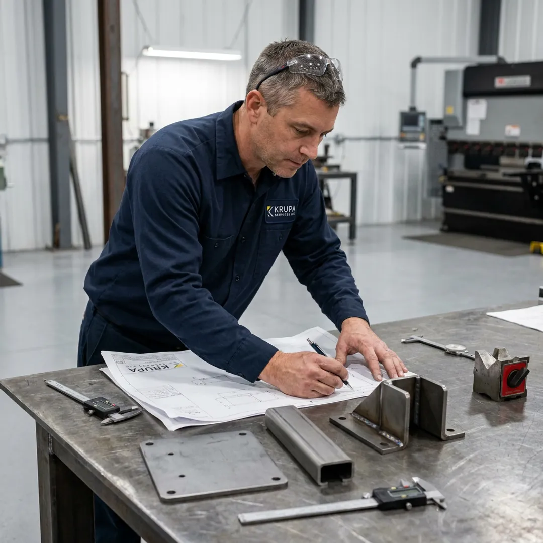 Engineer reviewing custom metal fabrication drawings