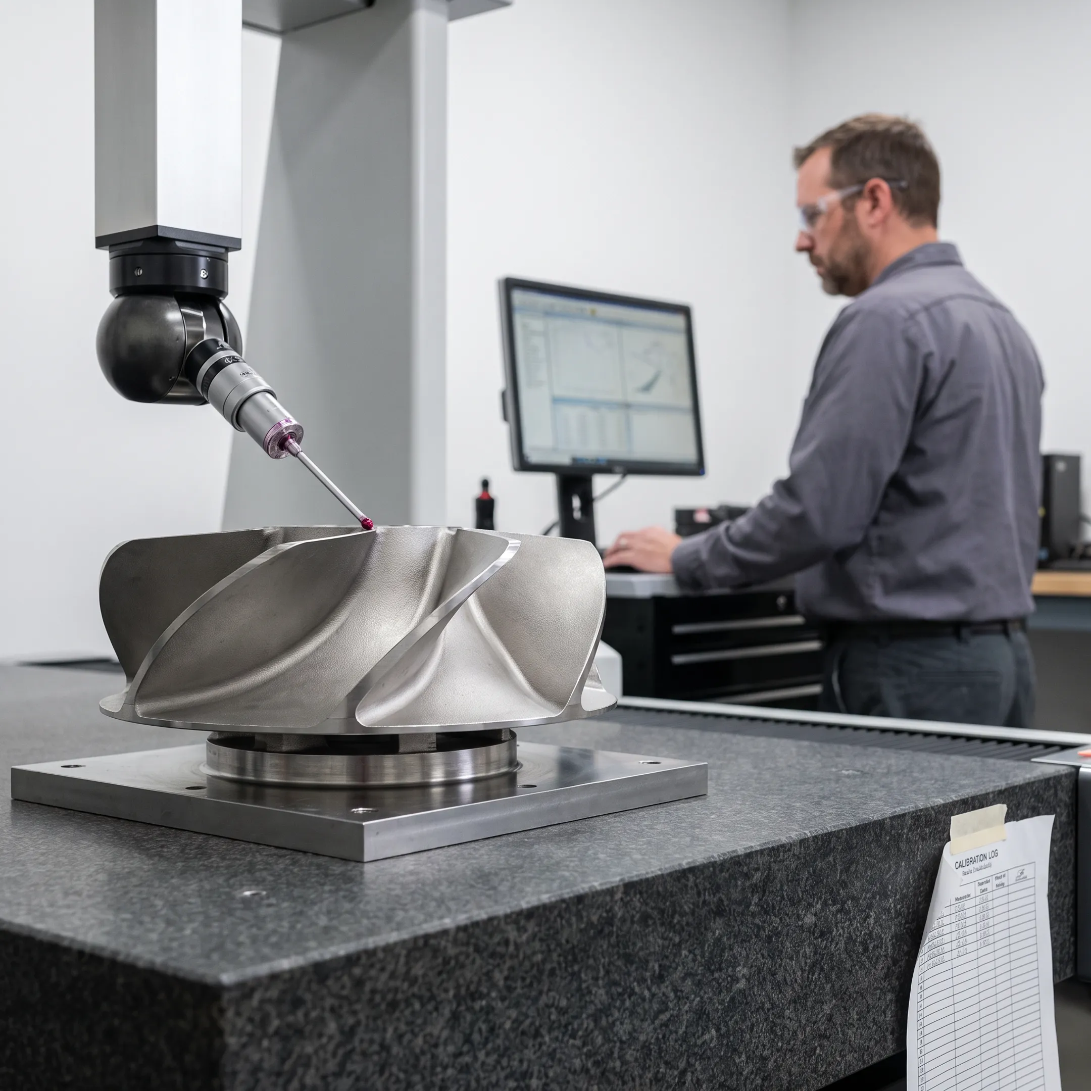 Stainless steel cast pump impeller undergoing dimensional inspection