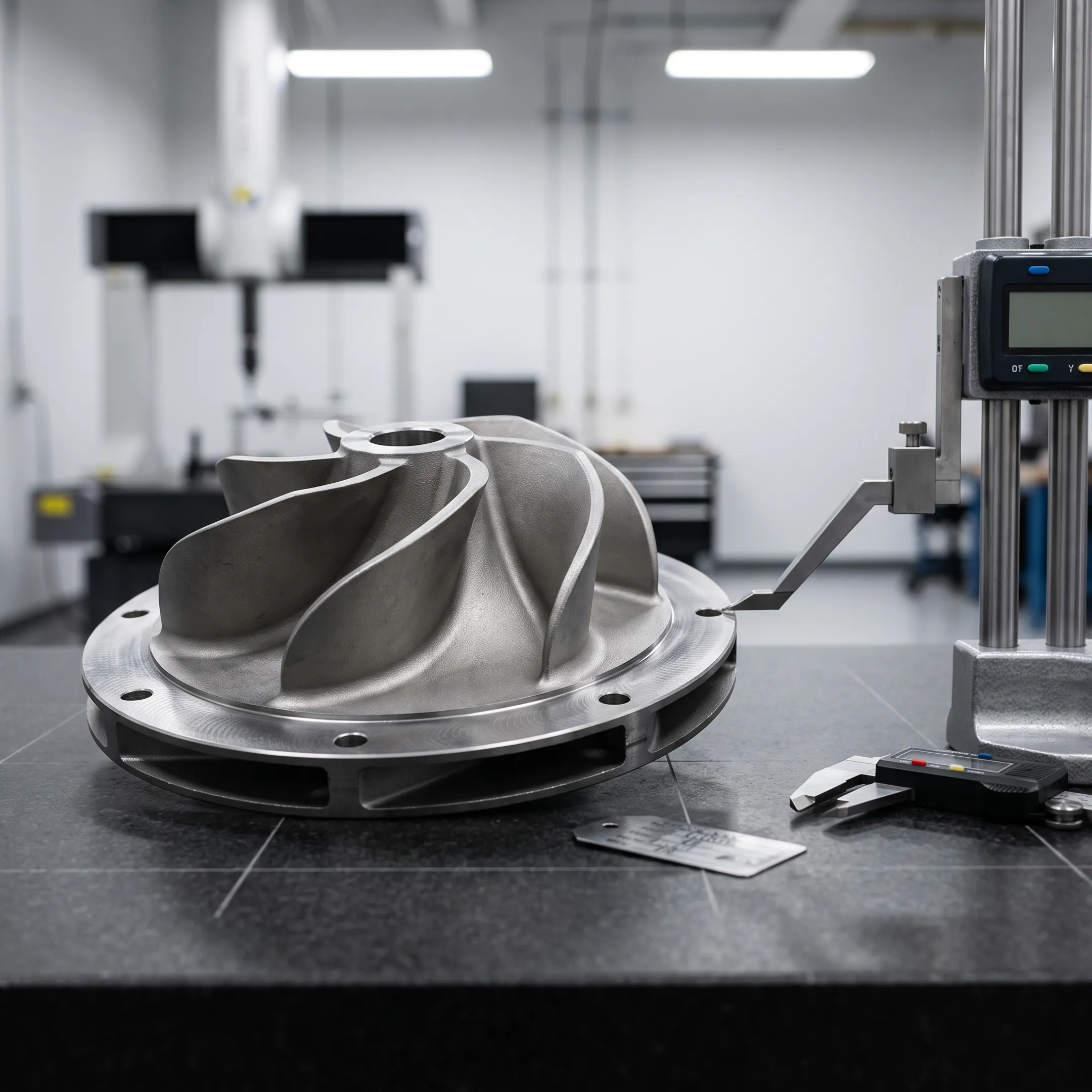 Finished pump impeller casting on an industrial inspection table