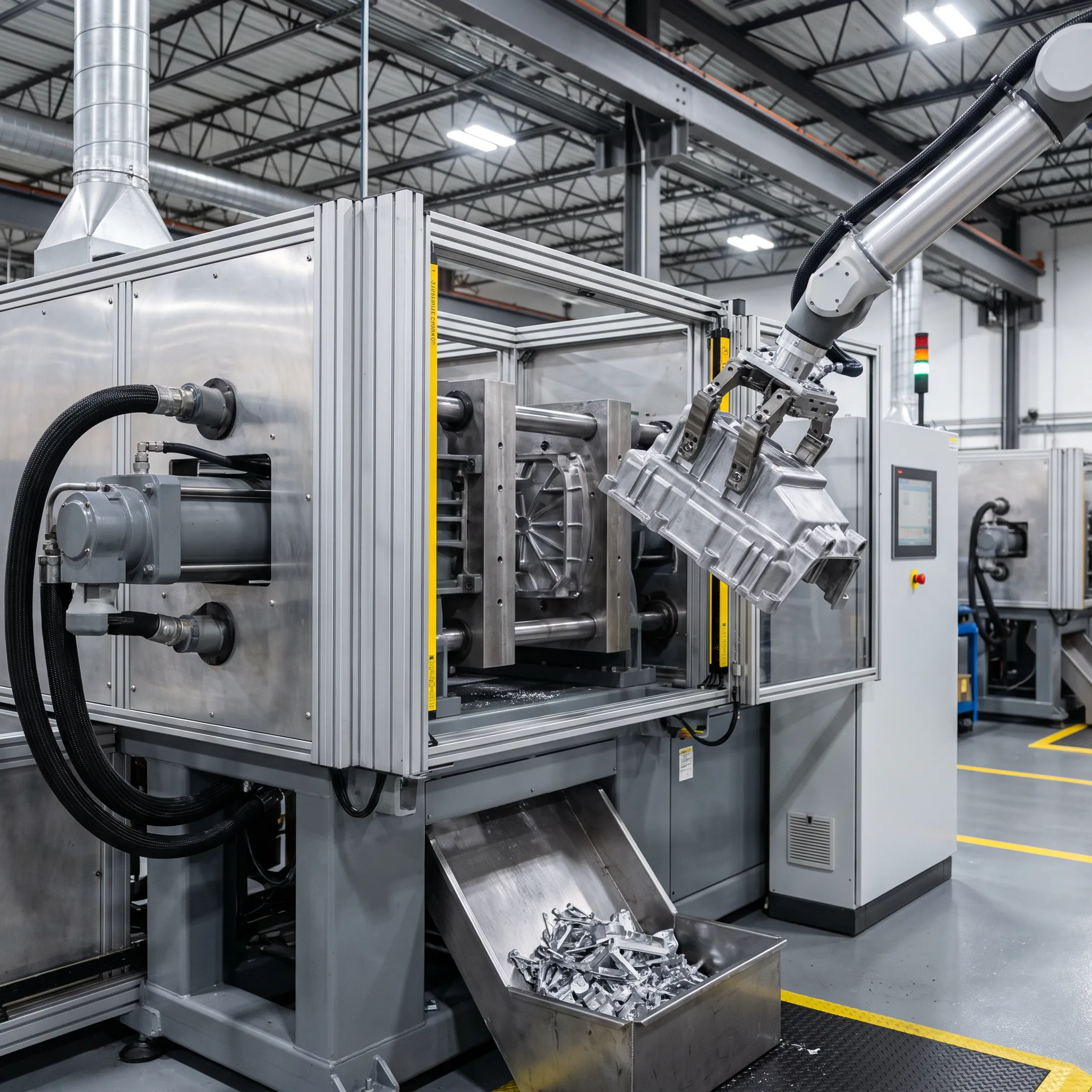 High pressure aluminium die casting machine in an industrial foundry in India producing precision metal components