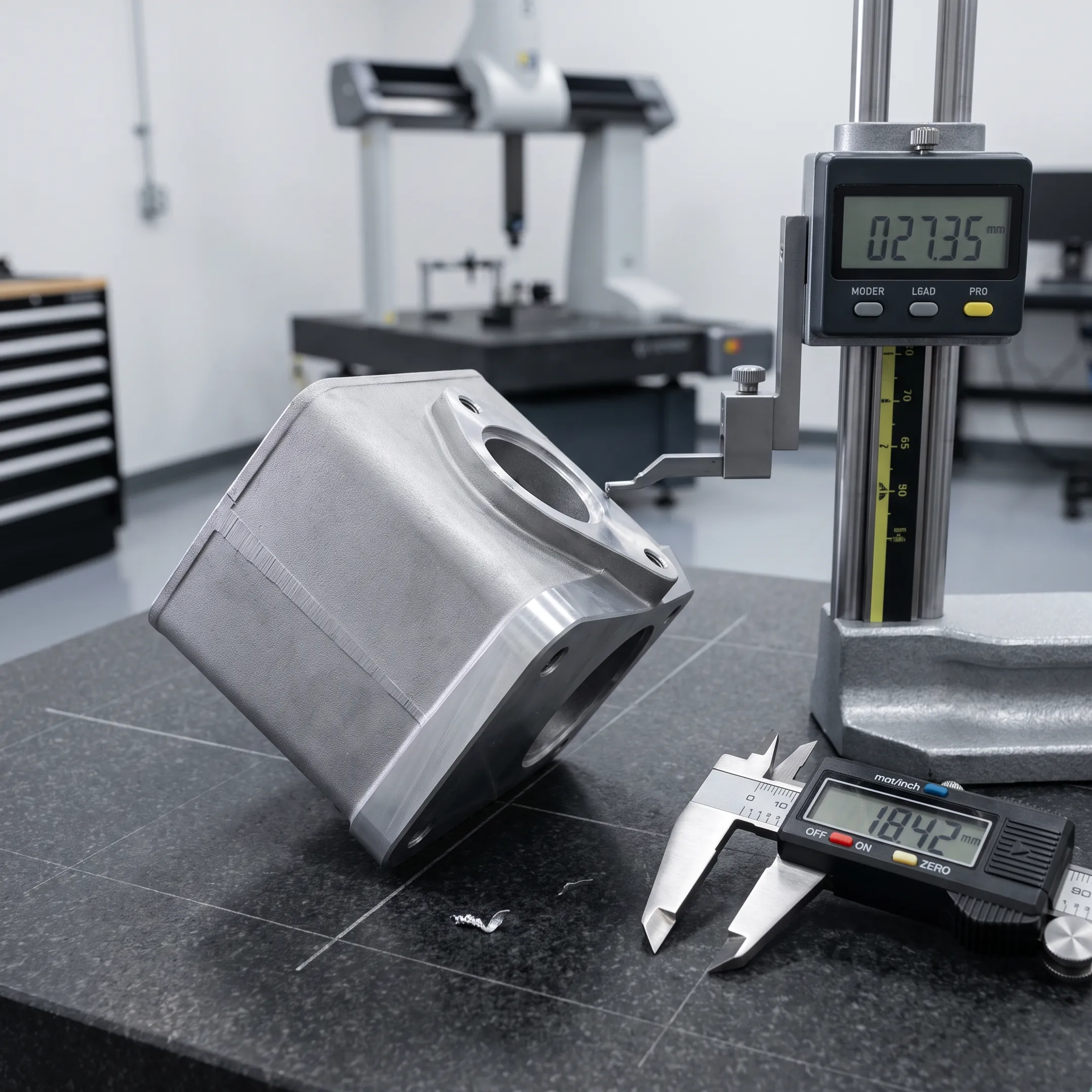 Precision engineered custom metal die casting component resting on an industrial inspection workbench.