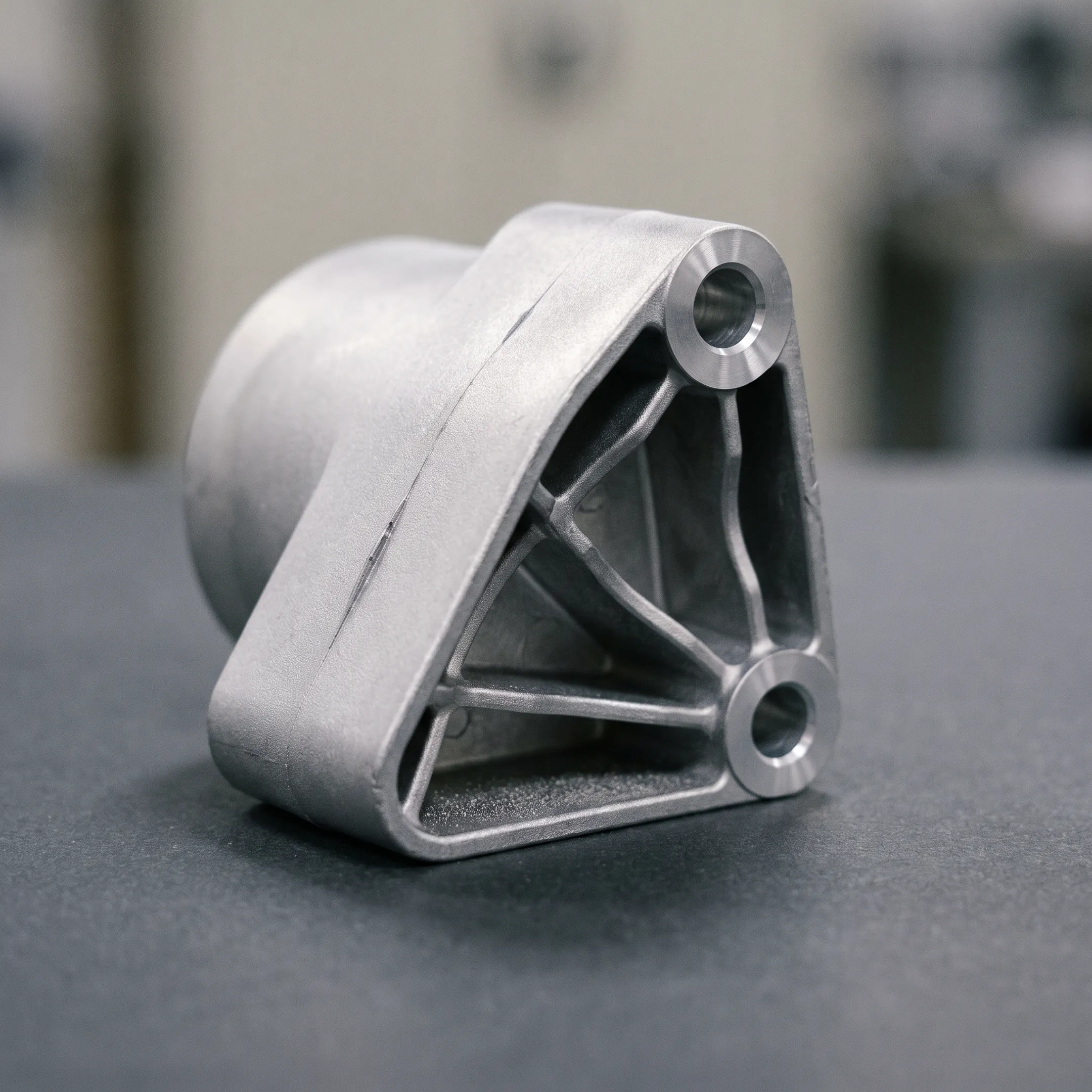 Close-up of a precision engineered metal cast component displaying intricate surface details.