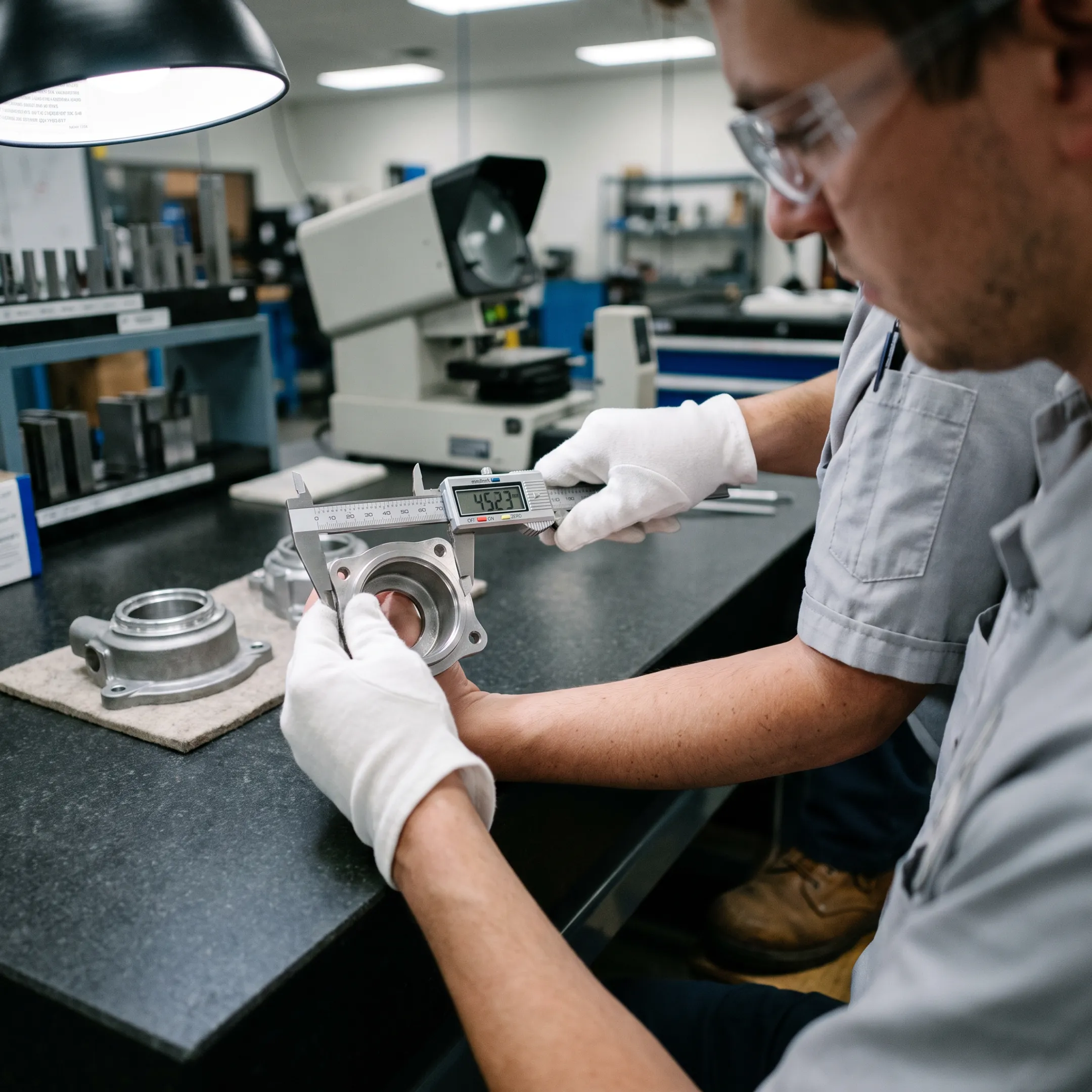 Quality control engineer inspecting precision cast metal parts