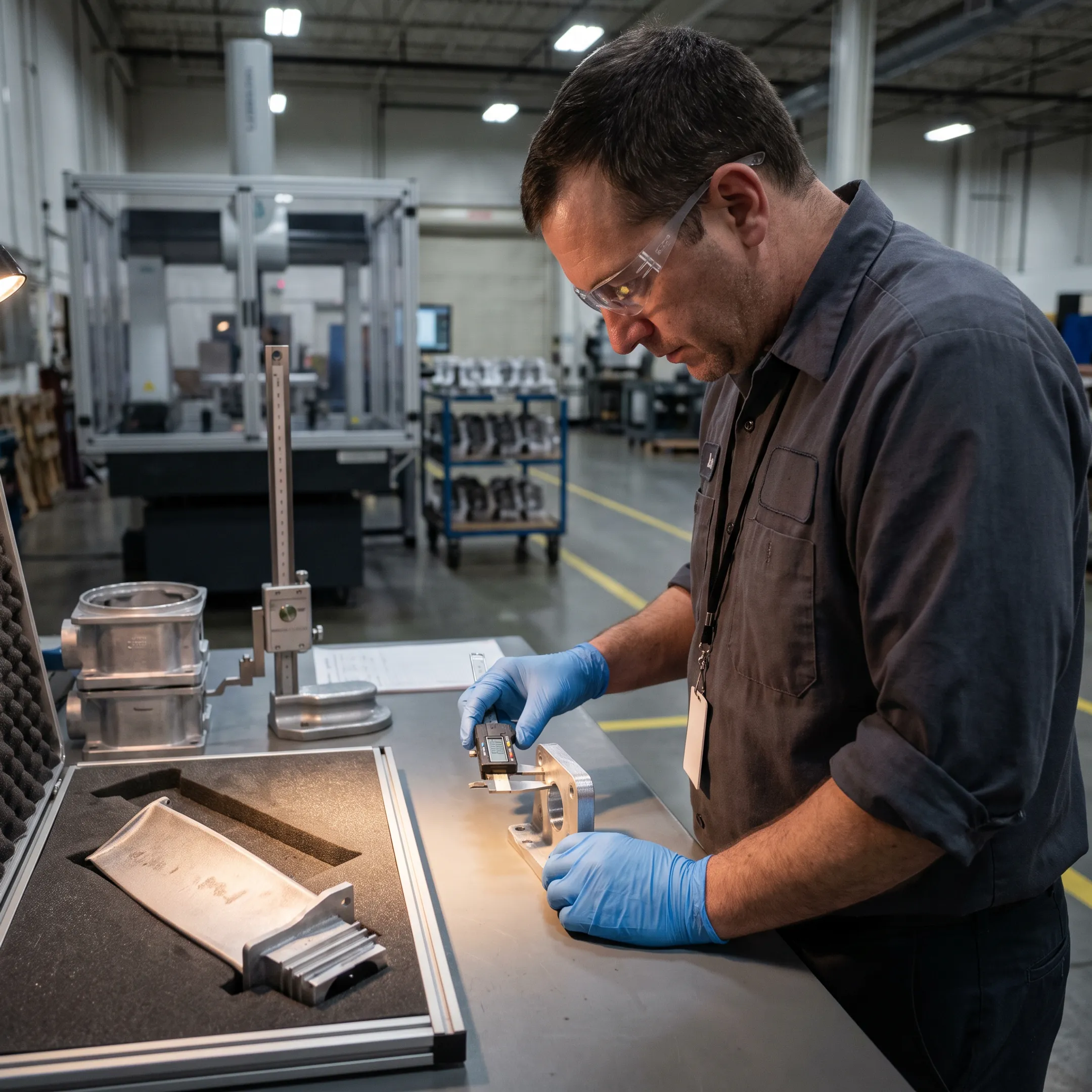 Technician inspecting cast aluminum and investment cast components