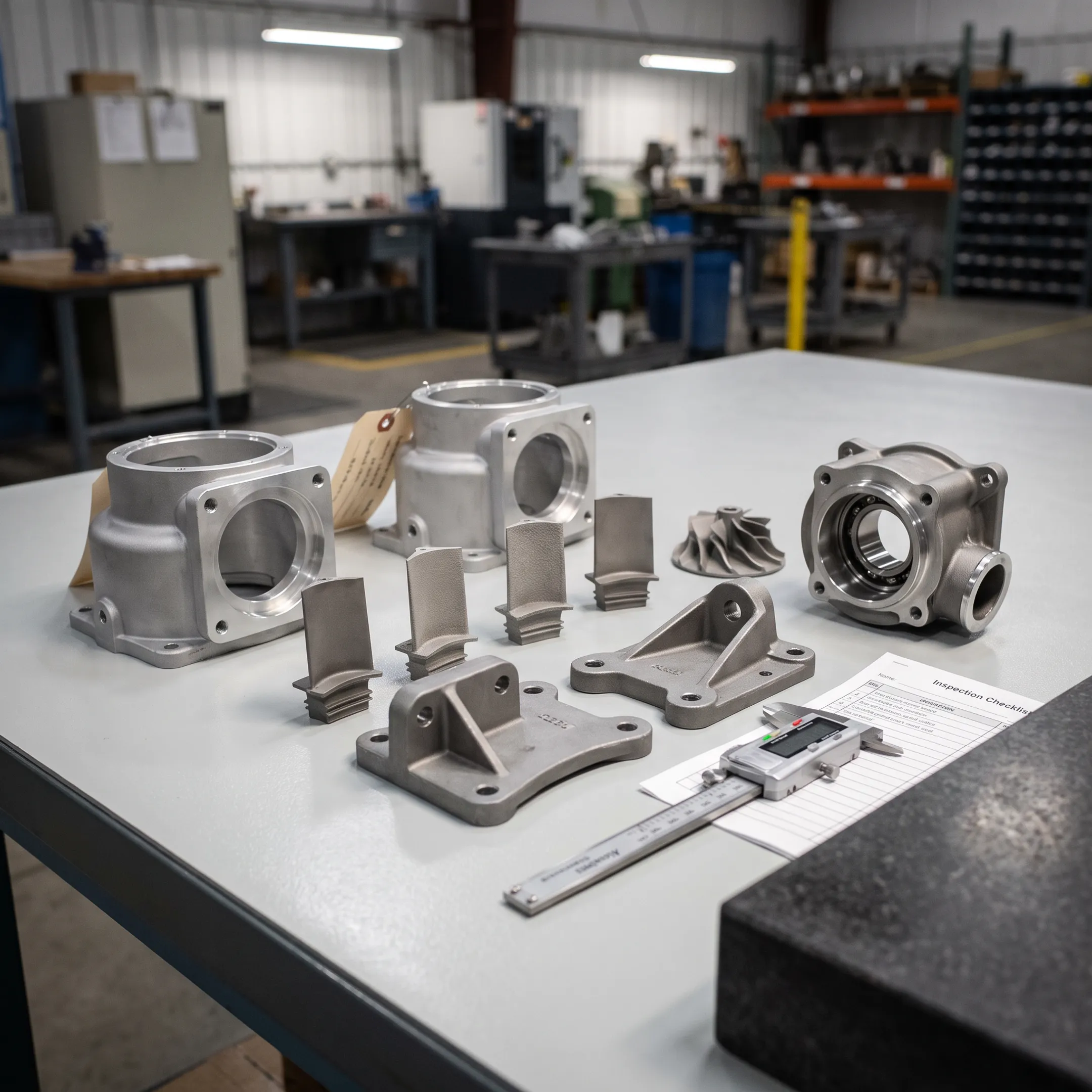 Precision metal casting components arranged in a manufacturing facility