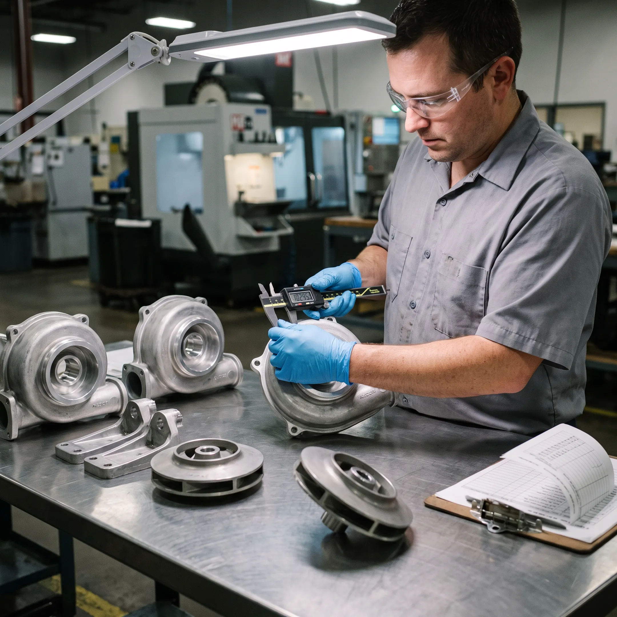 Engineered cast components undergoing industrial quality inspection