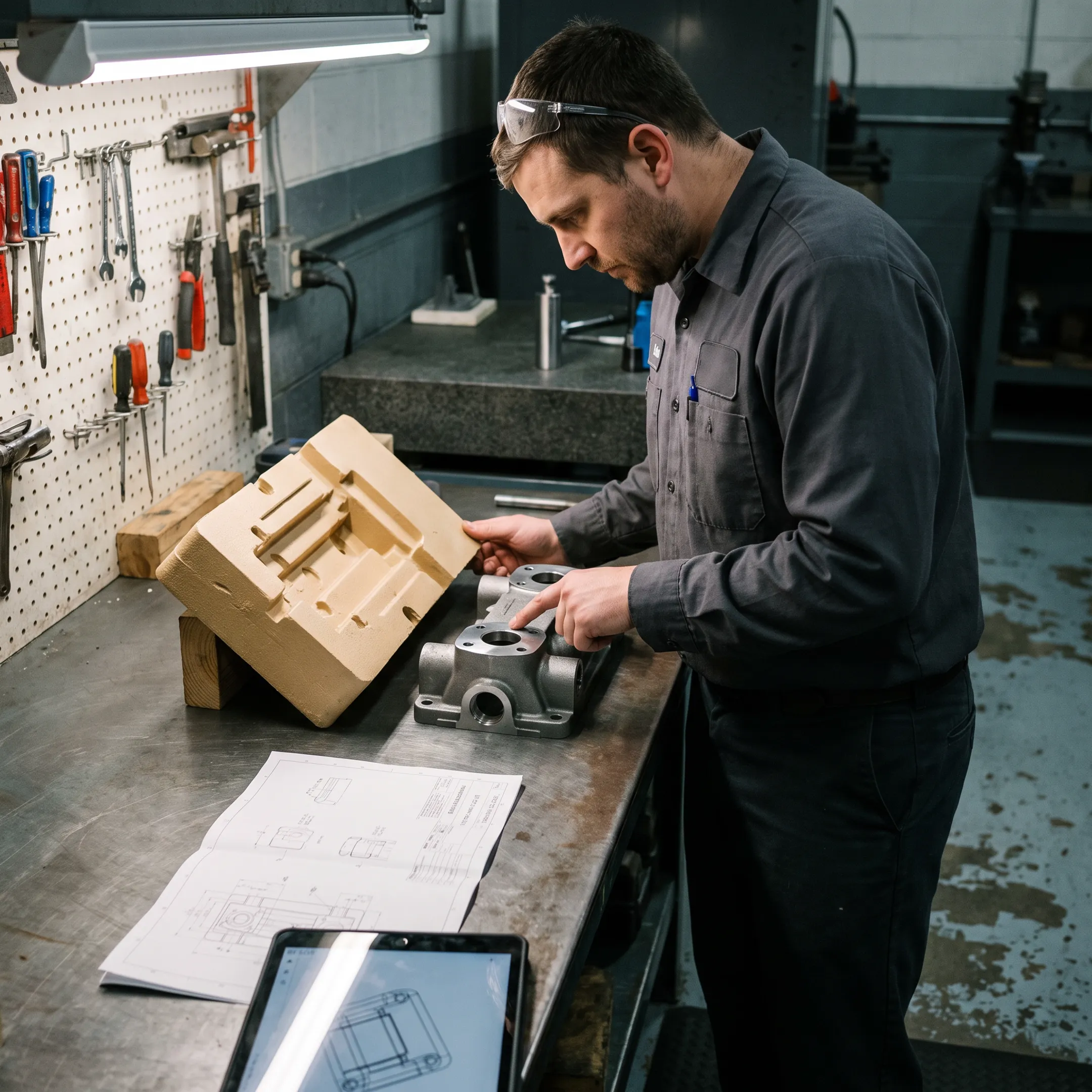 Engineer reviewing cast component design and foam pattern