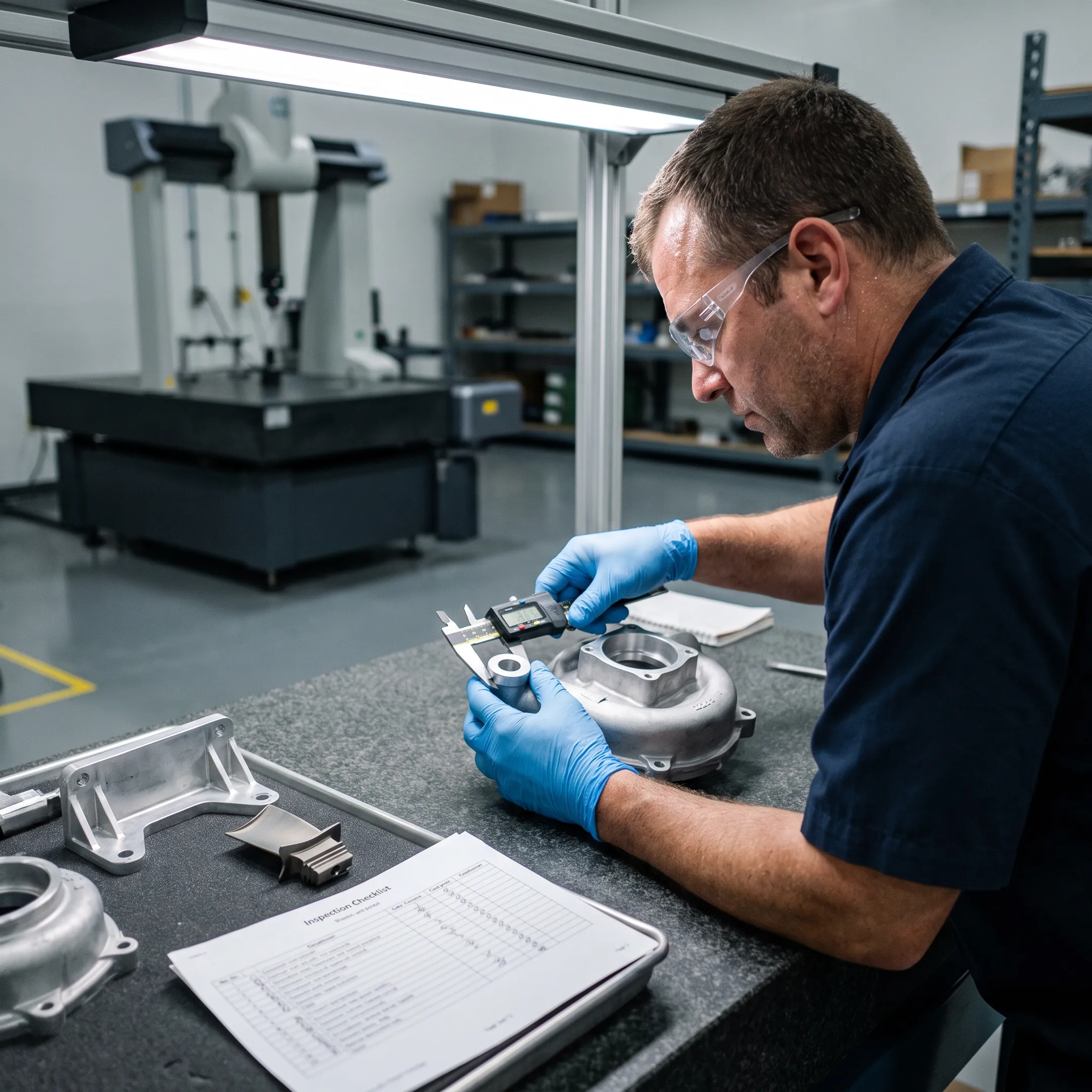 Technician inspecting precision cast metal components