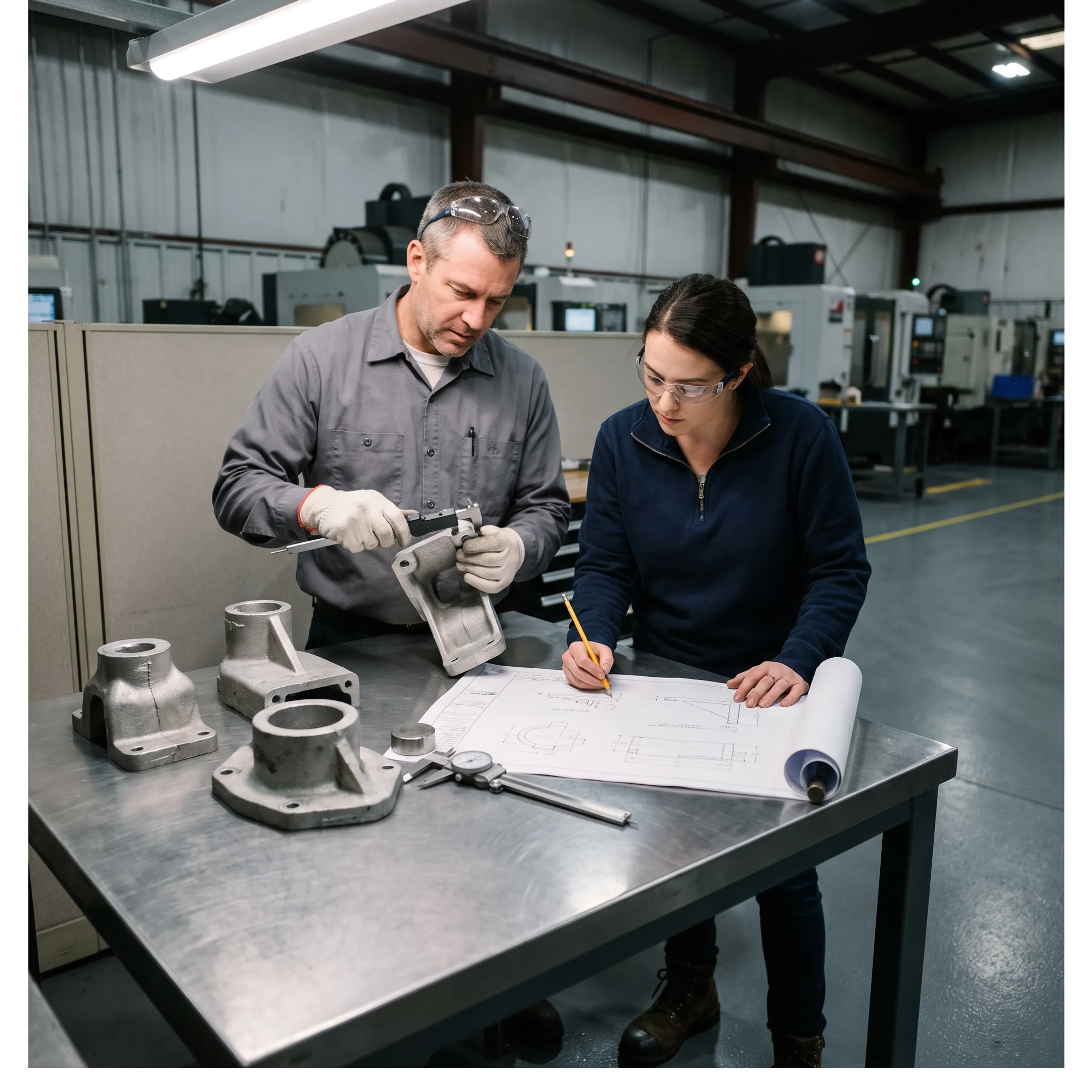 Engineers reviewing custom sand casting component quality