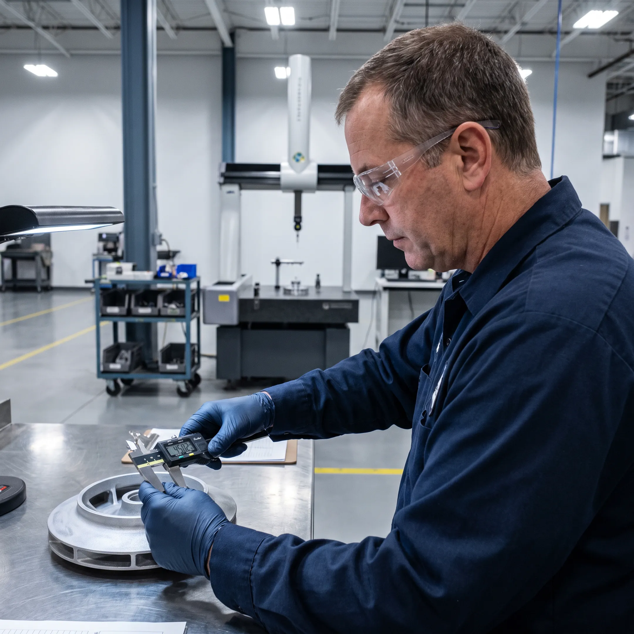 Technician inspecting precision cast metal components