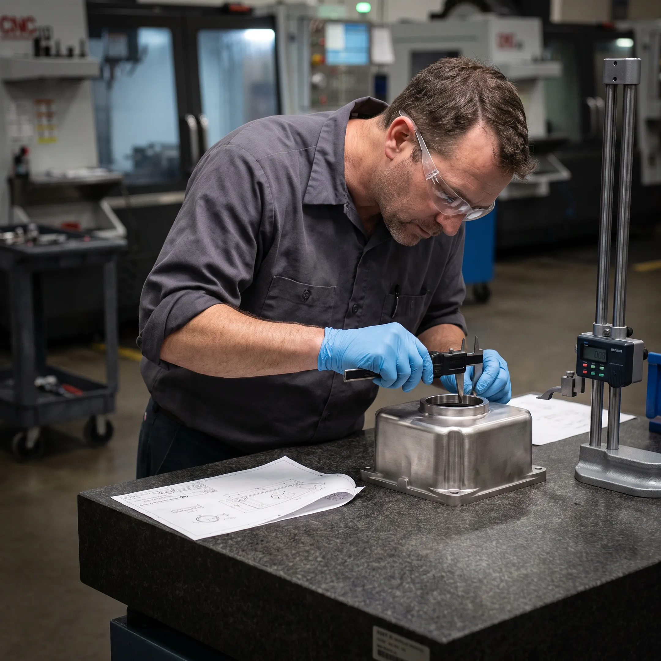 Technician examining a stainless steel cast component