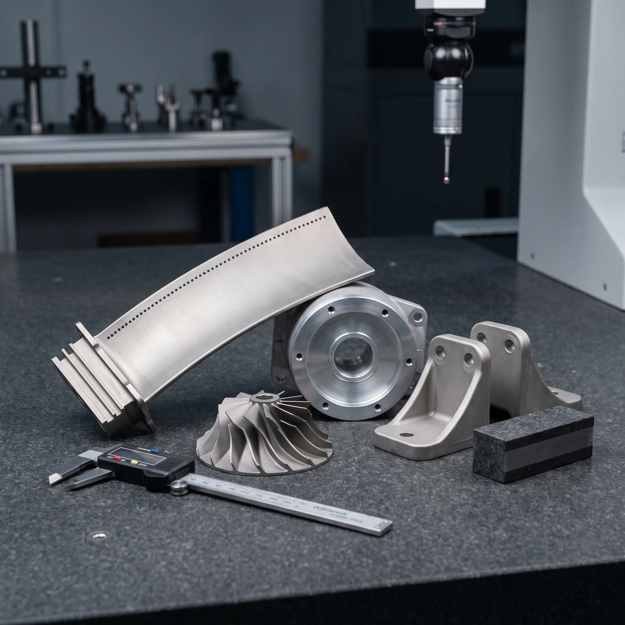 Precision cast aerospace and defense components arranged in a manufacturing facility