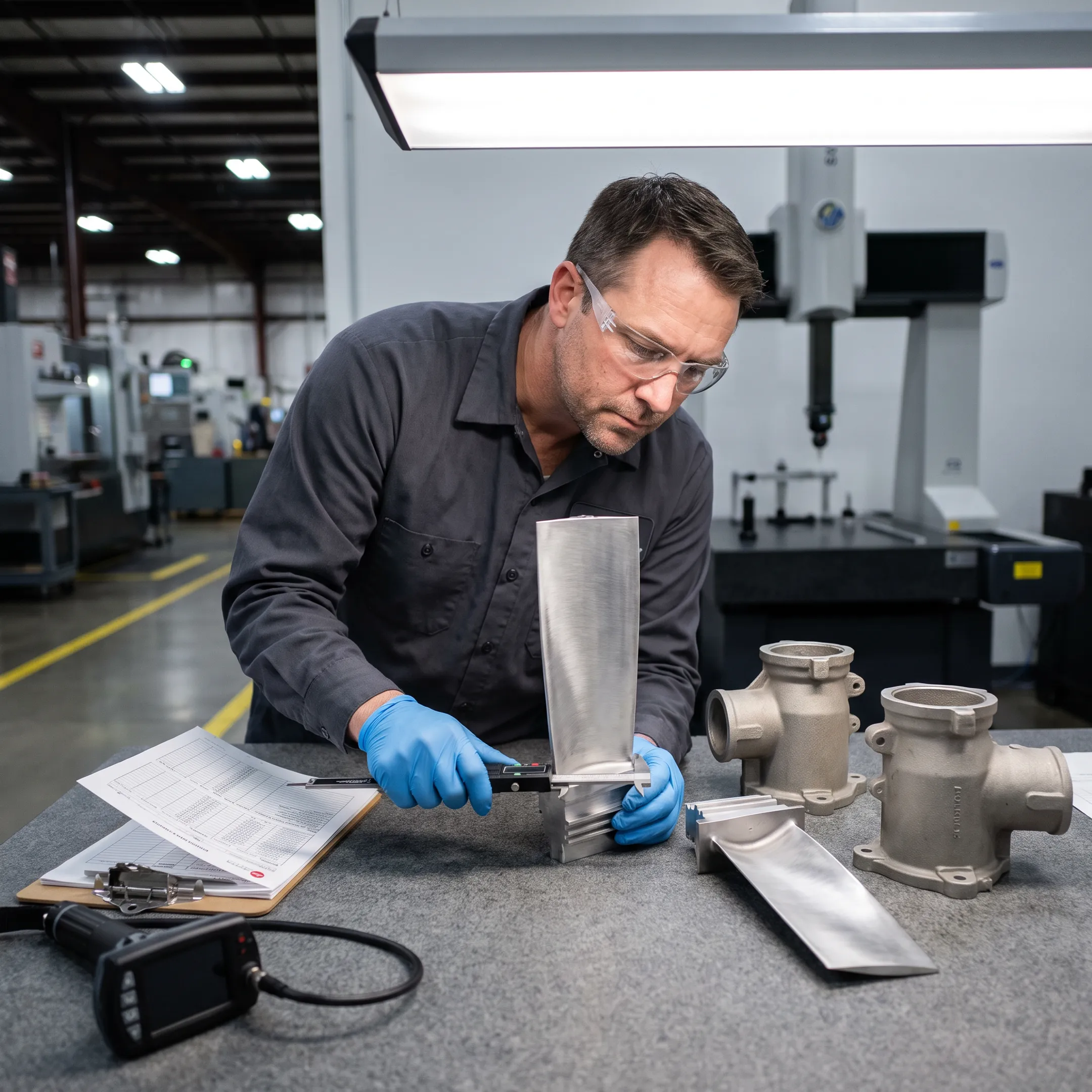Technician inspecting precision cast aerospace components