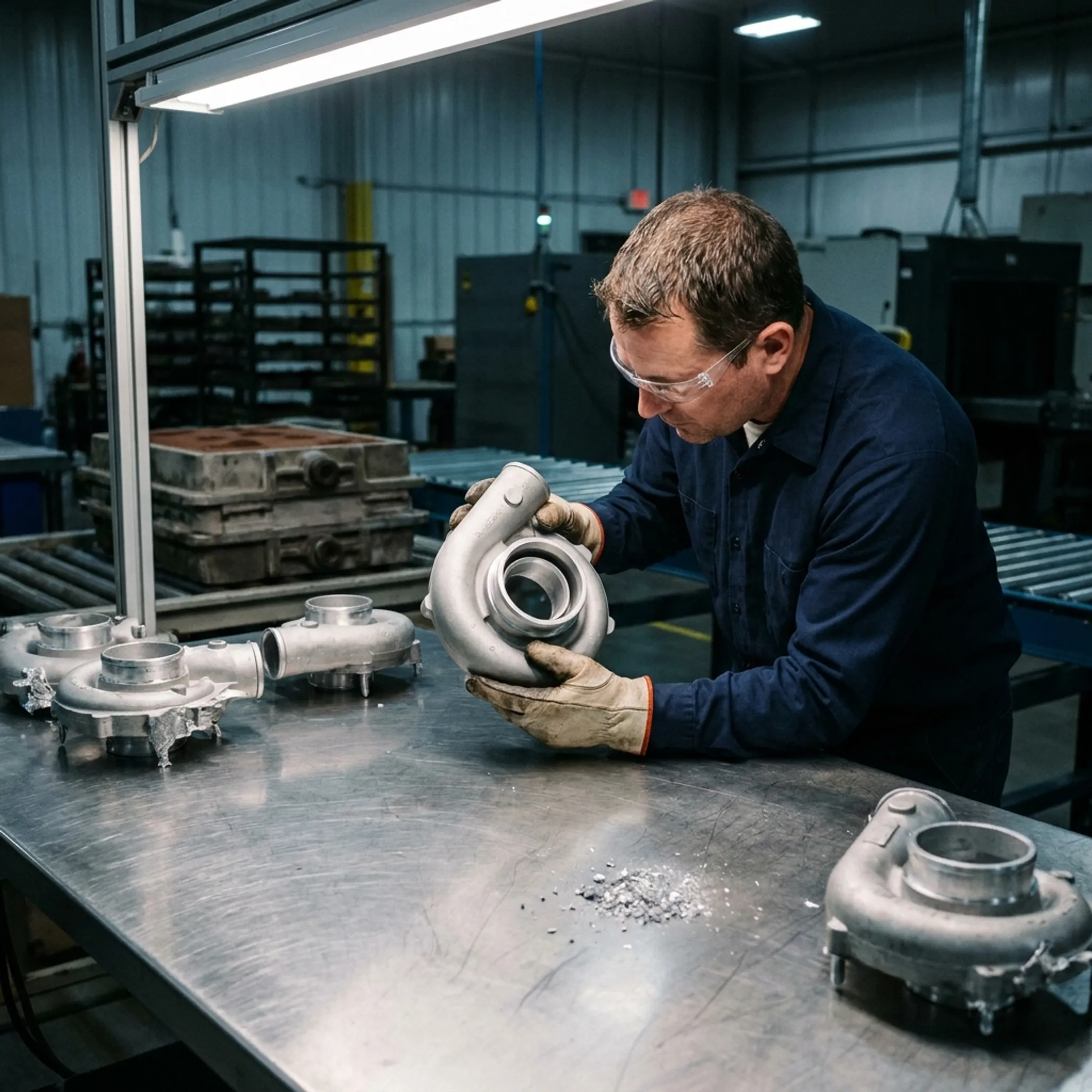Technician reviewing aluminum cast components