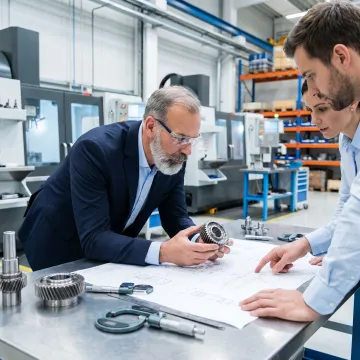 Engineers reviewing custom automotive fabrication components