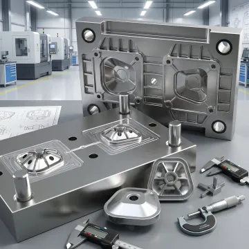 Automotive die cast aluminum parts on a manufacturing table