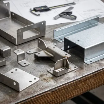 Fabricated sheet metal components on workbench