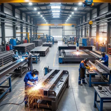 Custom steel plate fabrication in an industrial shop