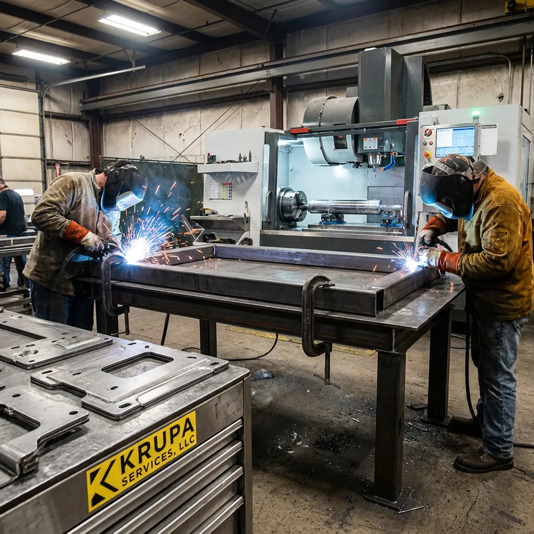 Custom steel fabrication shop with welded metal components