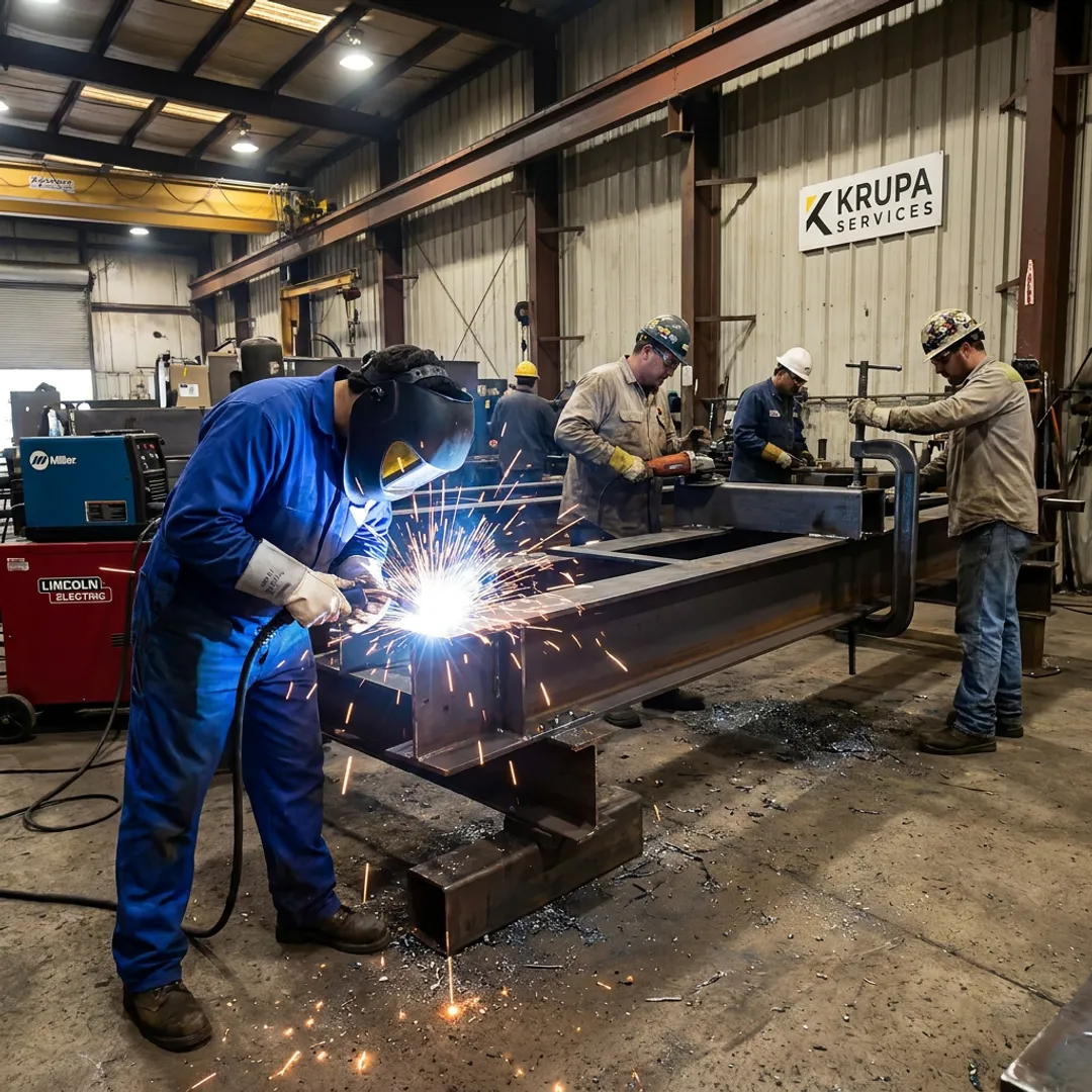 Structural steel fabrication in progress
