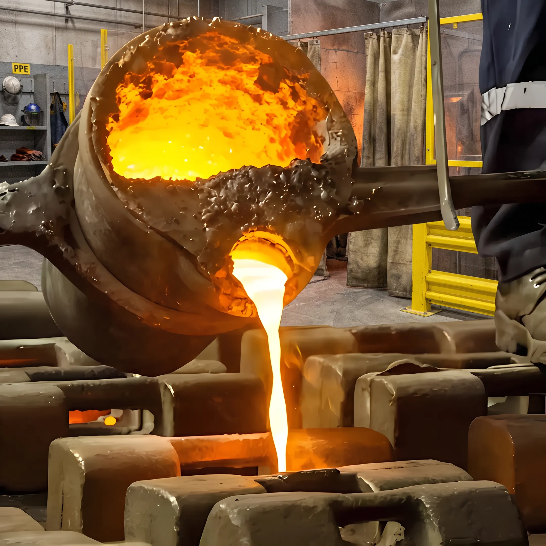 Industrial metal casting production in a manufacturing facility