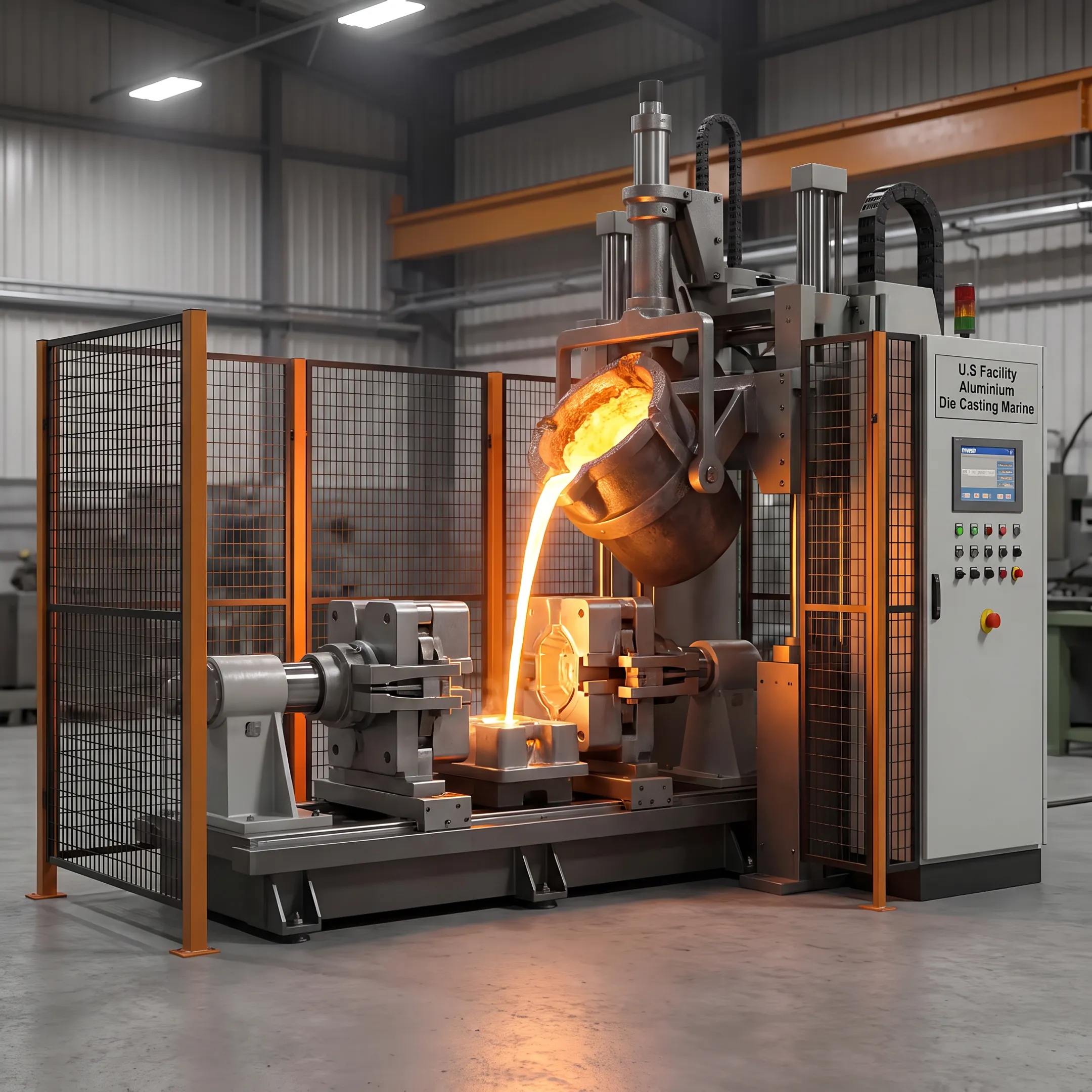 Industrial aluminium die casting manufacturing facility with molten metal pouring into casting molds