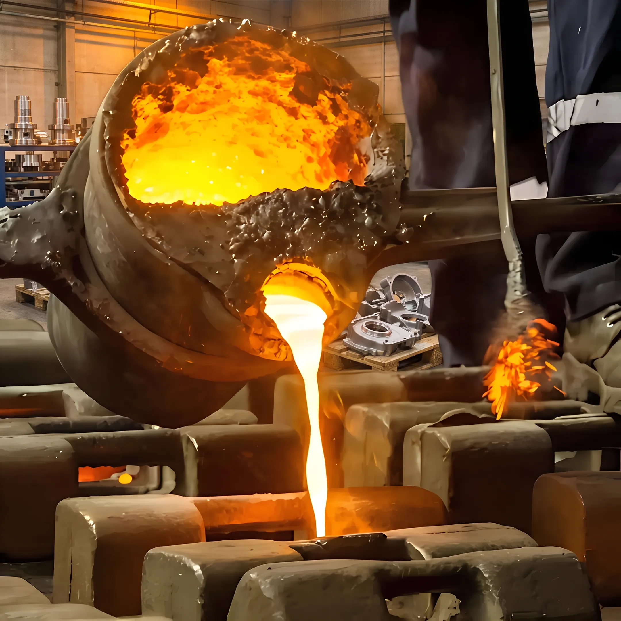 Industrial metal casting and custom metal fabrication components in a manufacturing facility