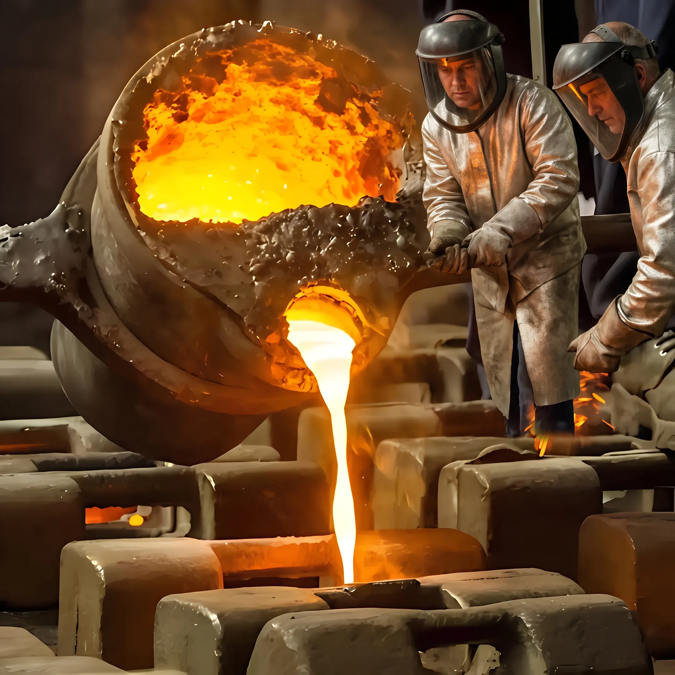 Industrial metal casting facility pouring molten metal into molds