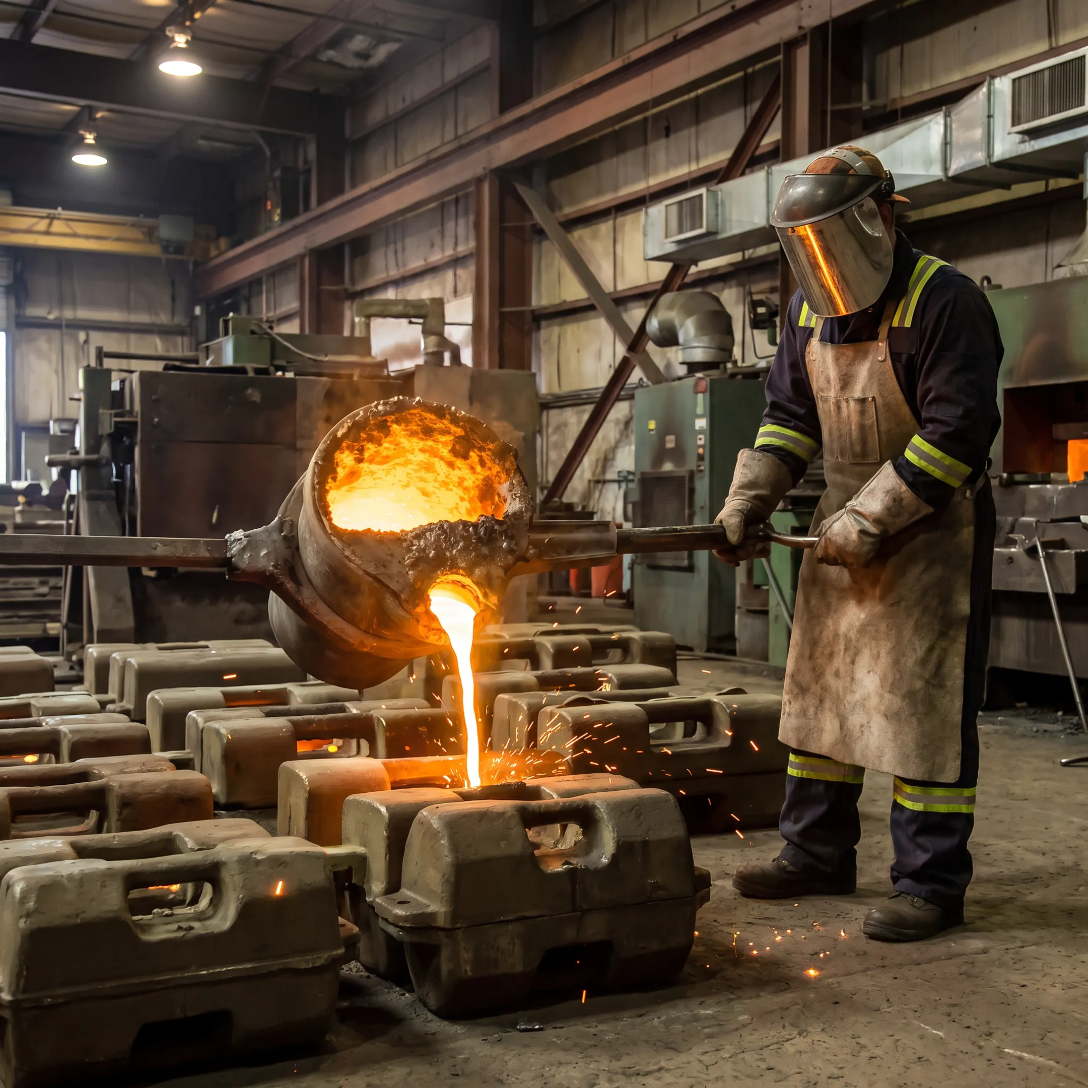 Molten metal alloy being poured into industrial casting molds inside a modern foundry facility.