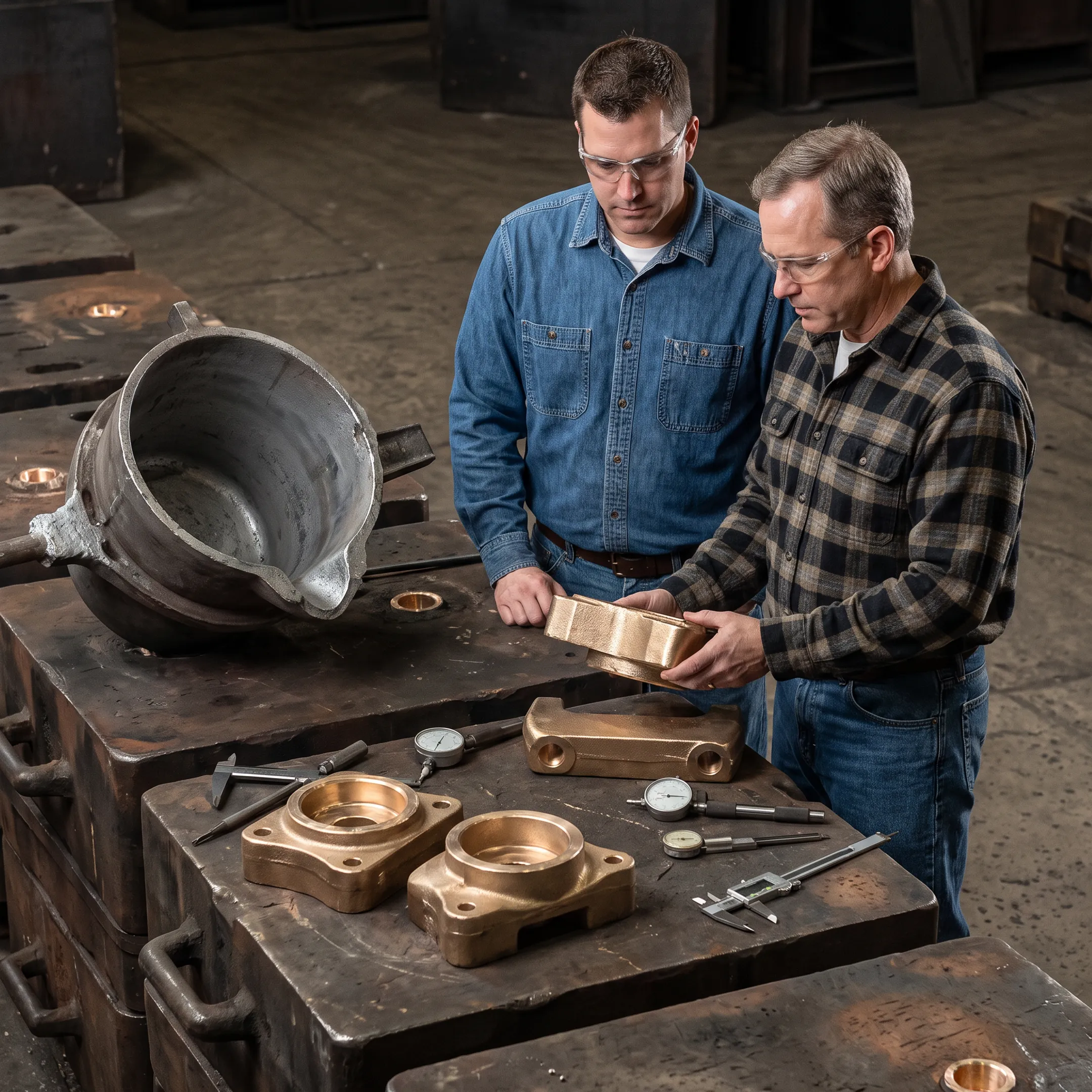 Bronze cast components arranged in an industrial foundry setting