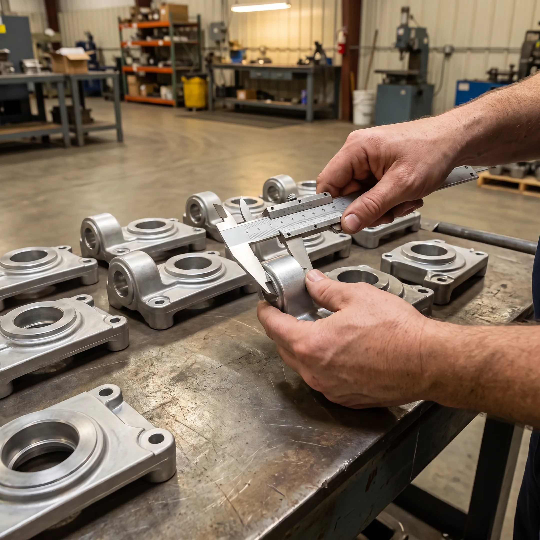 Precision zinc die cast parts being manufactured and checked for quality