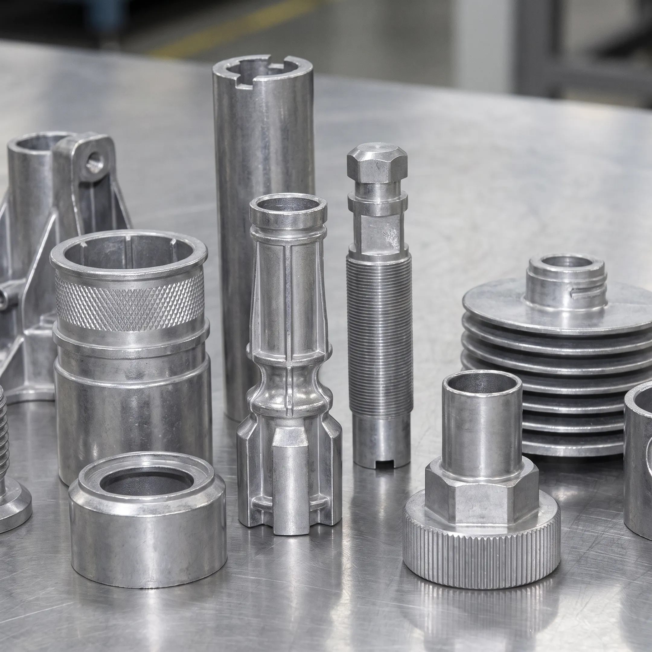 High precision zinc die cast metal components on a factory inspection table