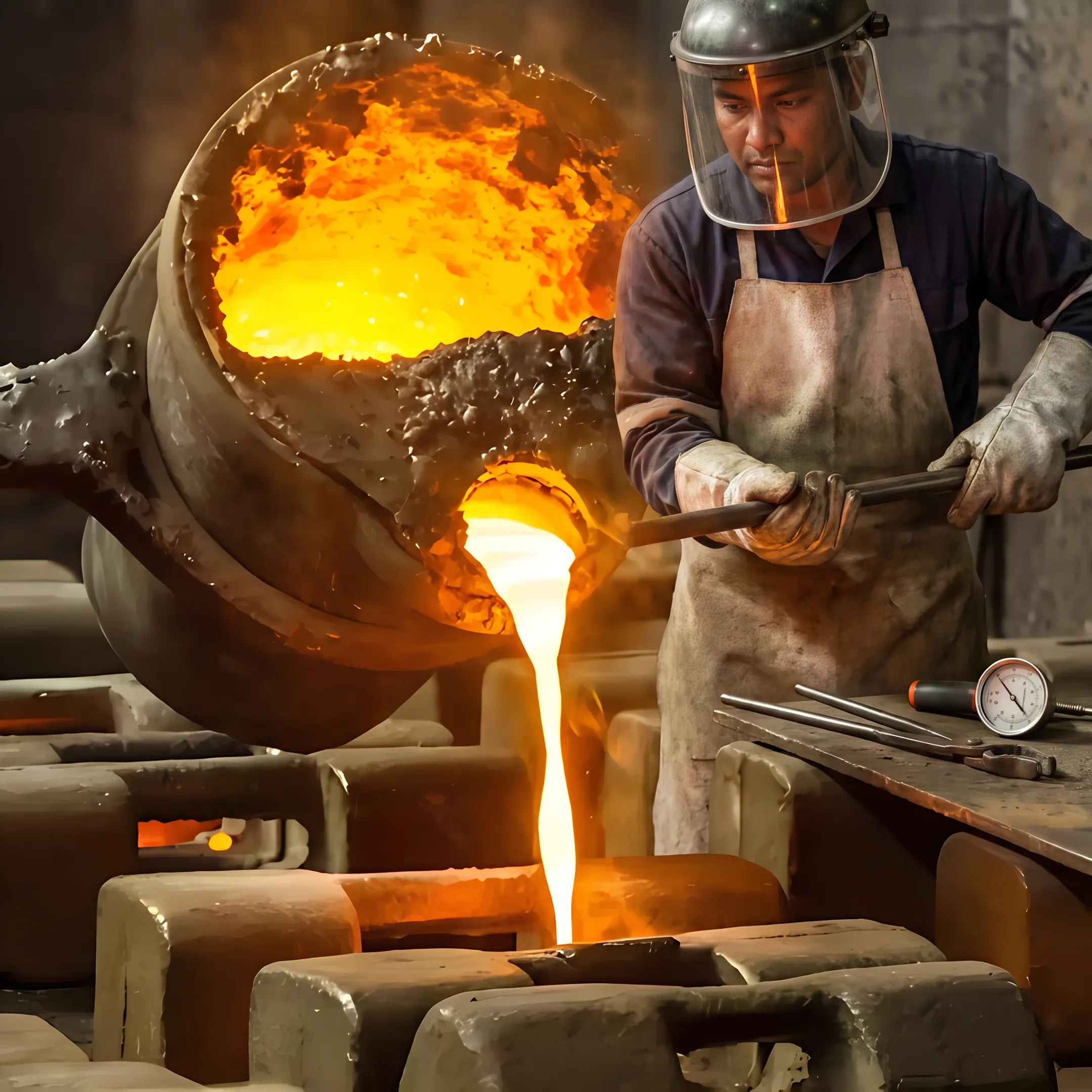 Industrial sand casting process in an advanced foundry workshop