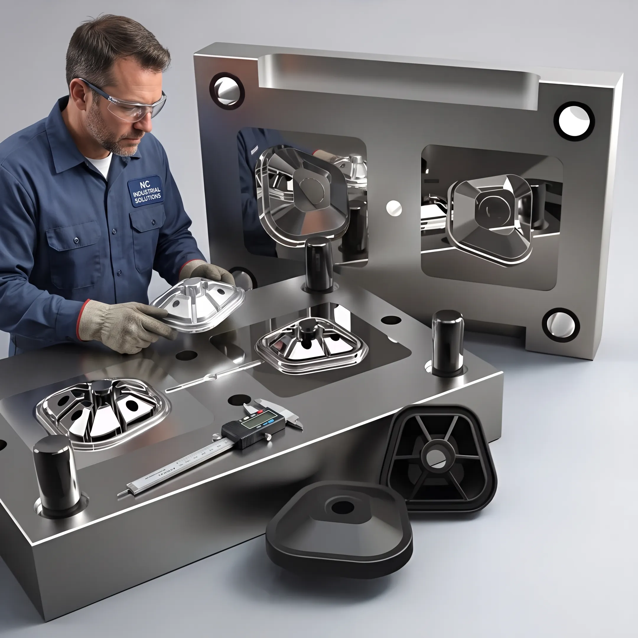 Technician inspecting an aluminum cast component