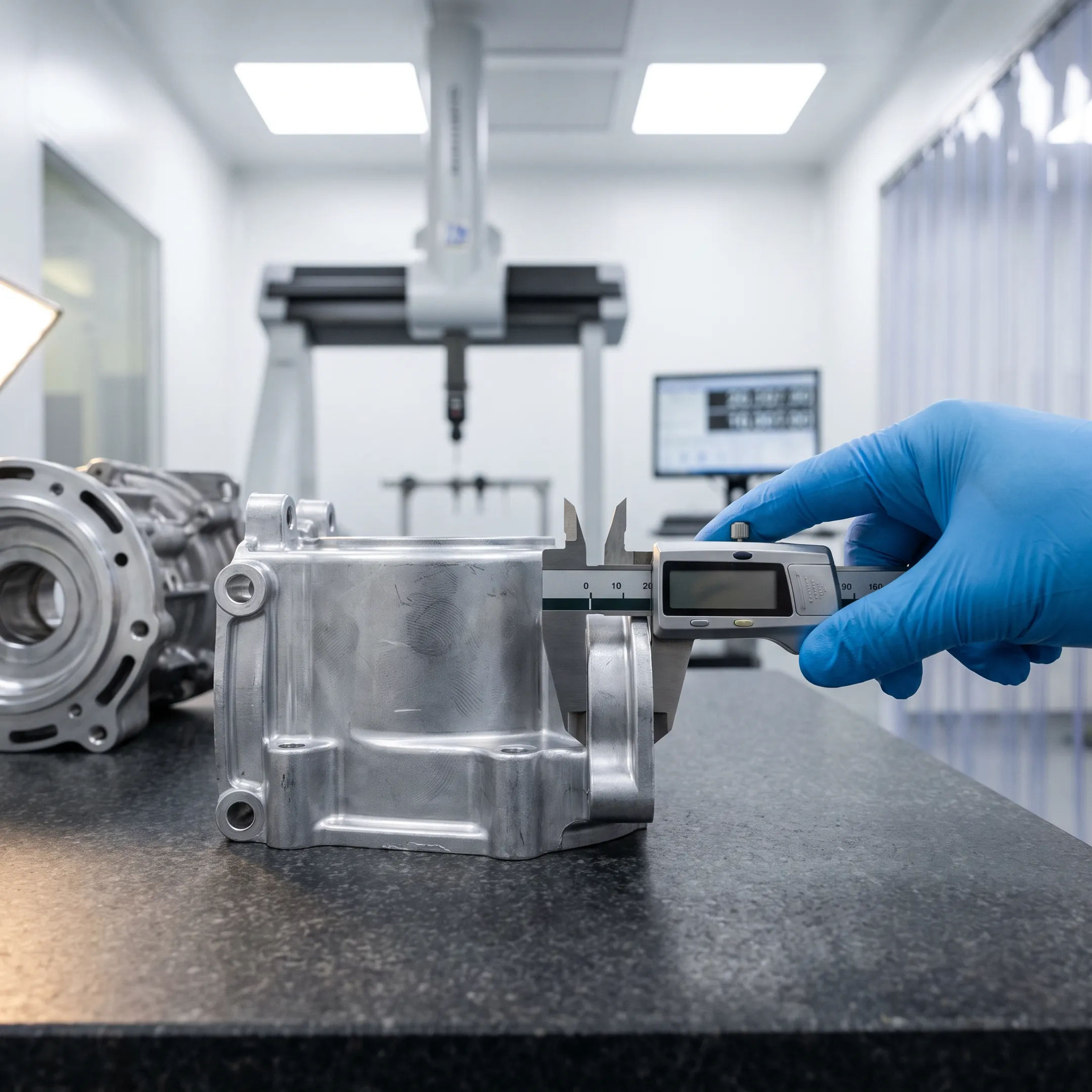 Engineered cast aluminium automotive engine components inspected on a coordinate measuring machine