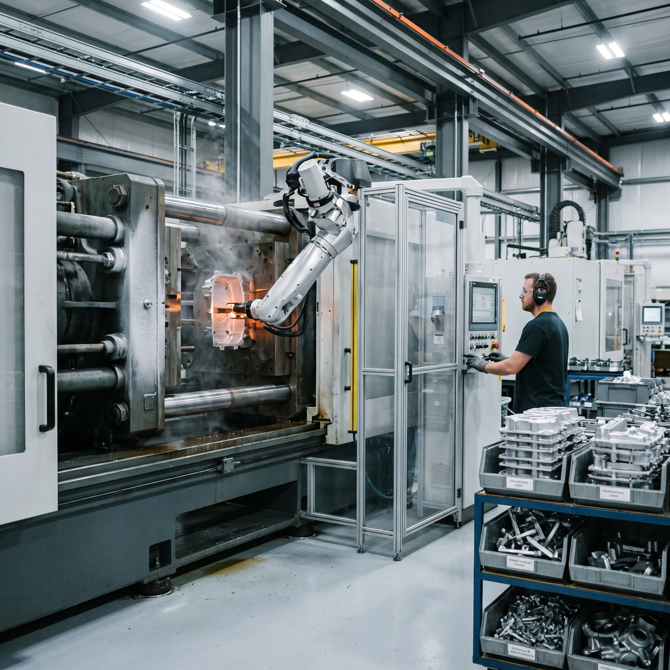 High pressure aluminium die casting machine in an industrial foundry in India producing precision metal components